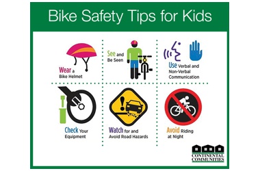 Bike Safety Tips for Kids Wear a bike helmet, see and be seen, use verbal and non-verbal communication, check your equipment, watch for and avoid road hazards, and avoid biking at night