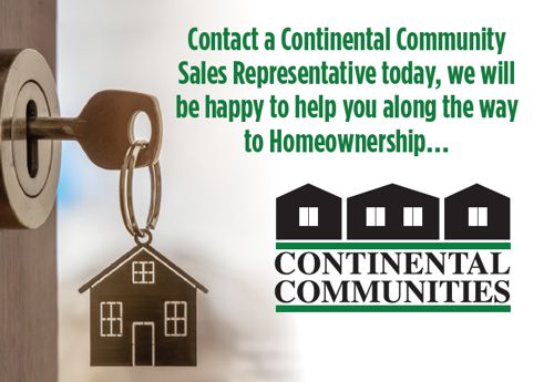 key with house keychain in door with continental communities logo - Contact a Continental Community Sales representative today, we will be happy to help you along the way to Homeownership...